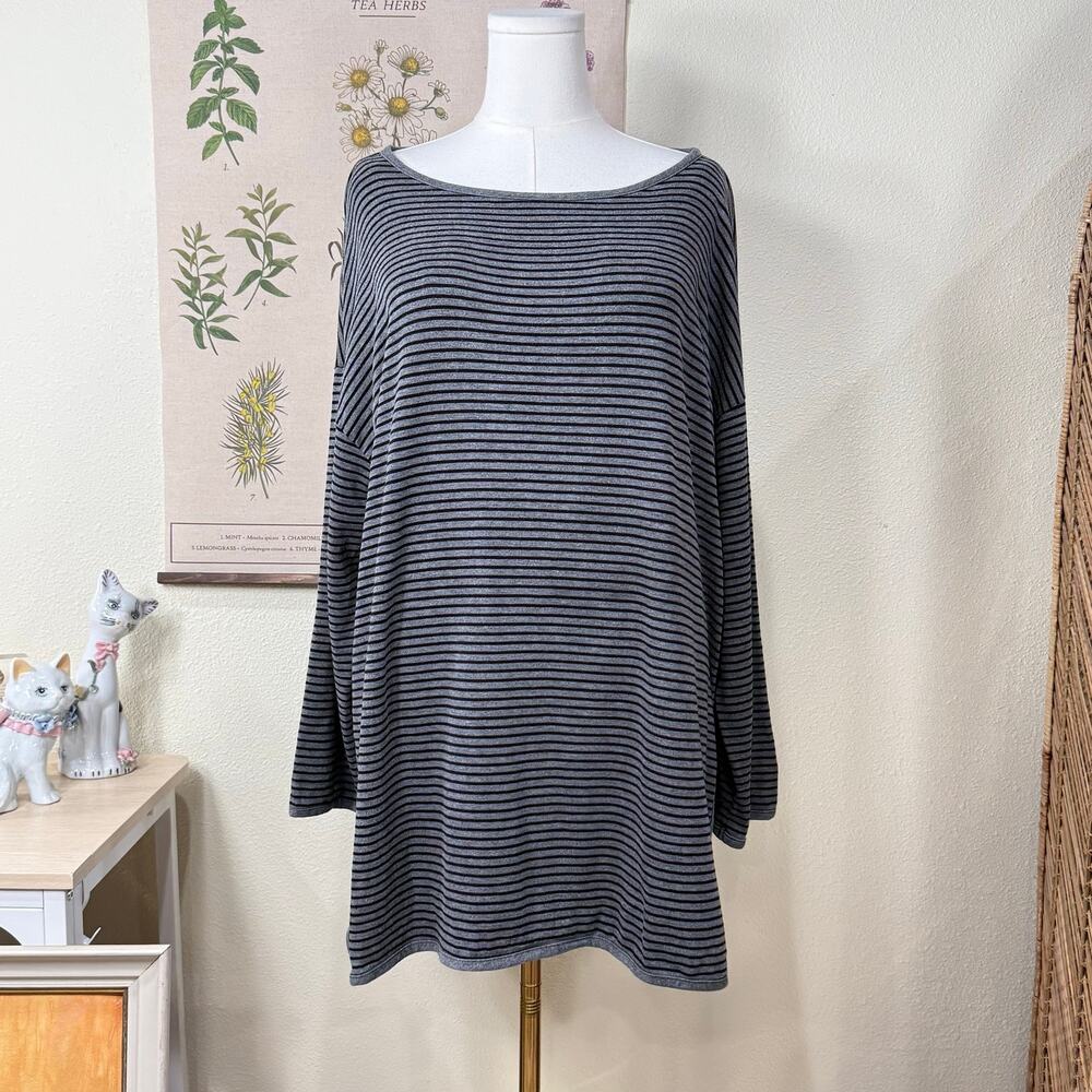 Eileen Fisher Black Gray Striped Oversized Slouchy Stretch Tunic Top Lagenlook L